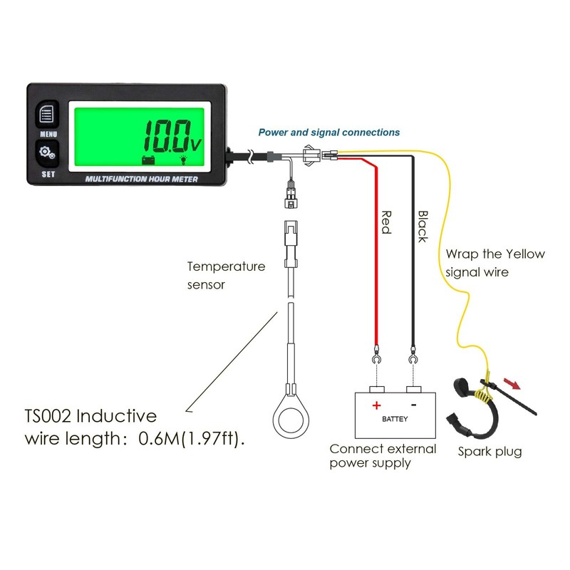 NInE-ROnG Backlight LCD Digital Operating Hour Meter Tachometer Engine Thermometer