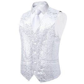 DiBanGu Mens Sequins Vest and Tie Set Solid V-Neck Shiny Dress Waistcoat Bowtie with pocket square for Prom Party Tuxedo, White, 3X-Large