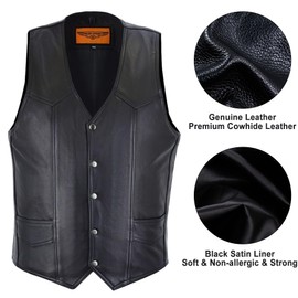 Dream Apparel Mens Leather Motorcycle Vest for Riding, Biker Vest Black Club Vest with 2 Concealed Carry Pockets, 5 Snap Front Cowhide Leather Vest