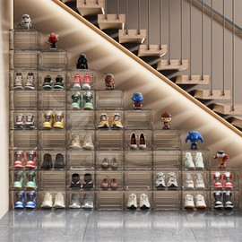 Thicken Sturdy Shoe Storage Boxes Stackable Shoe Organizer for Closet, 9Pack Drop Front Shoe Box with Magnetic Door, Shoe Container for Sneaker Storage, Clear Shoe Rack, Fit US Size up to 13, Black