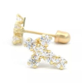 Tioneer 6x9mm 6 CZ Squared Cross 14k Yellow Gold Screw Back Earrings