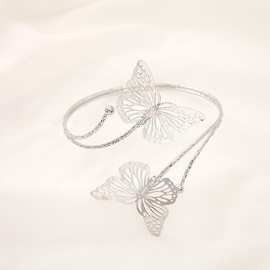 QRH Butterfly Upper Arm Bracelet Butterfly Swirl Band Cuff Bangle Gold Armband Open Adjustable Armlet Boho Jewelry-Silver