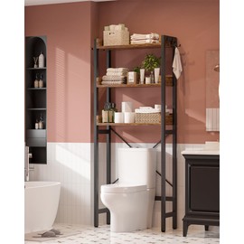 Ecoprsio Over-The-Toilet Storage Rack, 3-Tier Bathroom Organizer Shelf Over Toilet, Freestanding Space Saver Toilet Stands with 4 Hooks, Rustic Brown