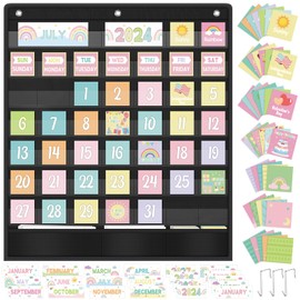 Pastel Classroom Calendar Pocket Chart for Kids Learning with 121 Cards, Black Classroom Calendar Set, Classroom Pocket Calendar Chart for Preschool Elementary Classroom Must Haves Supplies