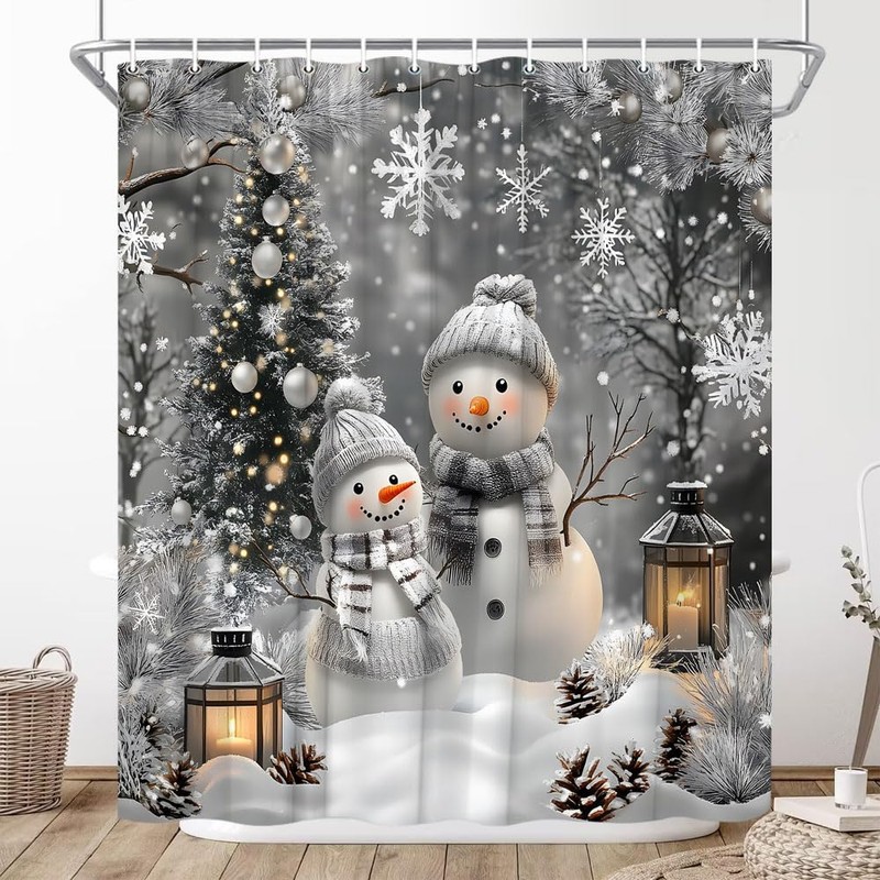 JONSEQIN Merry Christmas Snowman Shower Curtain, Grey, 70x70 inch