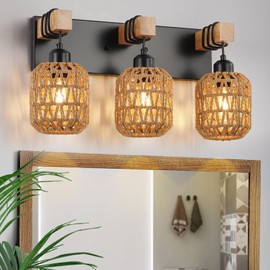 3 Light Bathroom Vanity Light Fixtures， Rustic Style Wood Bathroom Wall Sconce， with Boho Wicker Lampshade，suitable for bedroom, hallway, and living room，Rattan Black Farmhouse Wall Sconce