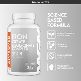 WFN Approved Iron - Eisen mit Vitamin C - 365 vegane Kapseln - Bioverfügbarer Chelat-Komplex mit Eisen-Bisglycinat & Eisen-Citrat - Produziert & laborgeprüft in Deutschland