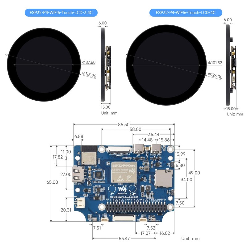 Waveshare ESP32-P4 4inch Wi-F6 Round Touch Display Development Board, 720