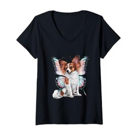 Womens Cartoon Papillon dog with butterfly wings V-Neck T-Shirt
