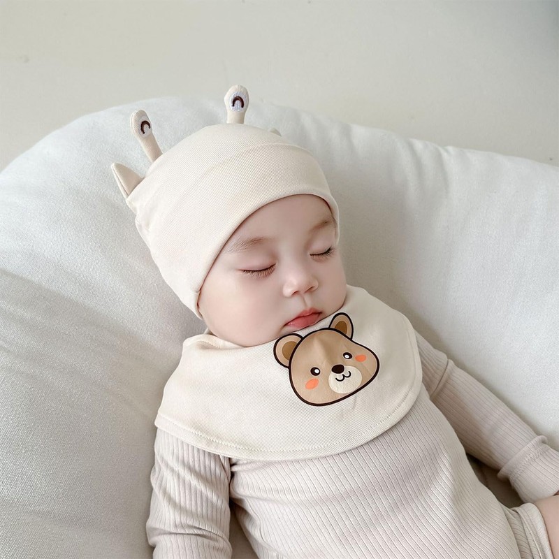 HEOXIN Newborn Baby Hat and Dribble Bibs, Toddler Soft Winter