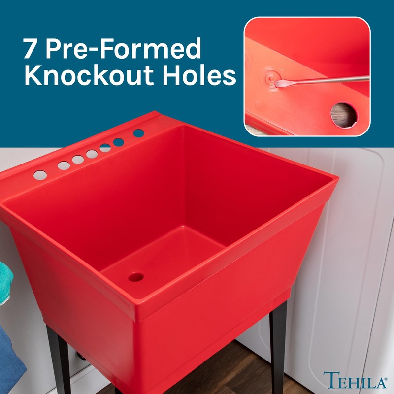 Red Utility Sink Laundry Tub with Black Pull-out Faucet for