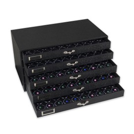 Novel Box 5 Drawer Black Jewelry Display 15.12X8.37X7.62 + Small 50 Gems Jars Each Tray, Total 250 Jars | Glass Jewelry Tray Foam Sheet | Glass Rock Storage Box