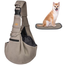 CUBY Dog Carrier Sling for Small and Medium Dogs, Pet Sling for Cats, Carrying Bag, Adjustable Length, Bottom Plate, Shoulder Pads, Prevents Pop-out, Mesh Net, Supports Up to 22.8 lbs (10 kg) (Khaki)