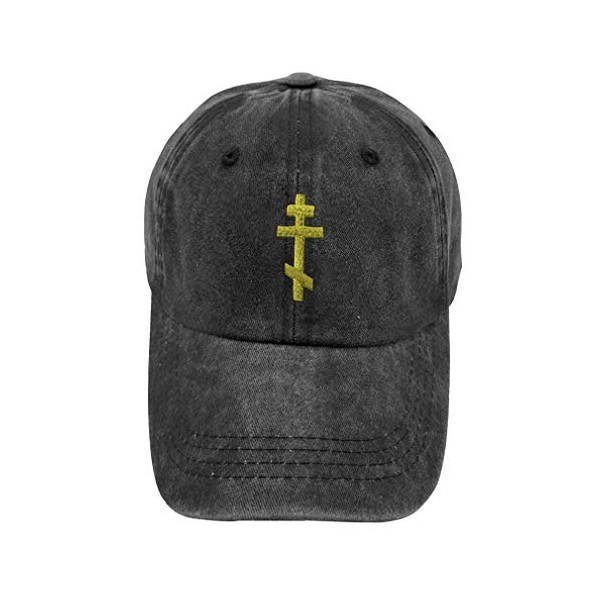 Vintage Washed Hat Russian Orthodox Cross Embroidery Cotton Dad Hats for Men & Women Buckle Closure Black Design Only