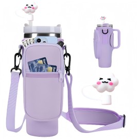 Alluring Bottle Holder with Bag for Stanlley Cup 40 oz, Insulated Neoprene Kettle Carry Bag with Adjustable Shoulder Strap and Front Zip, with 1 Reusable Straw Lid (Purple)