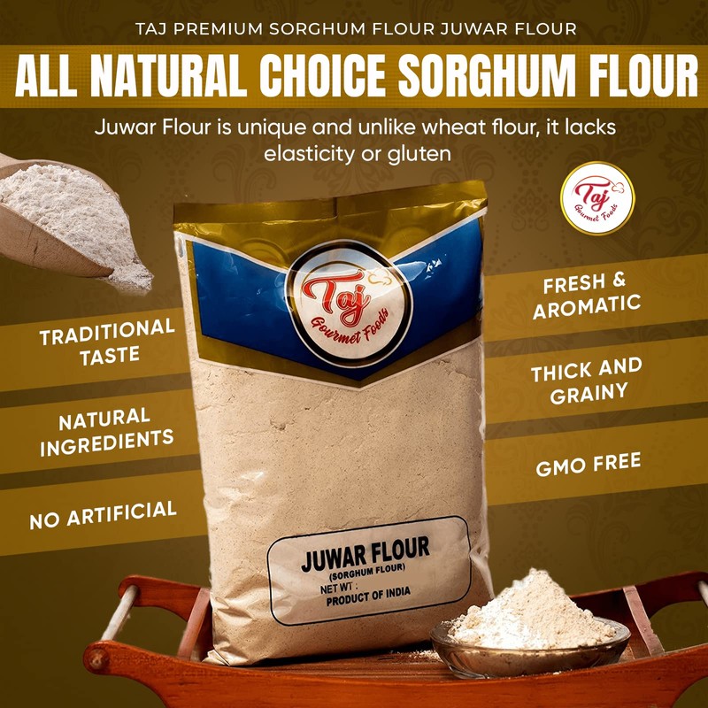 TAJ Premium Sorghum Flour Juwar Flour, Jowar, No Salt, 2-Pounds