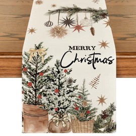 Artoid Mode - Camino de mesa navideño con árboles de Navidad, acebo y piñas, Feliz Navidad, decoración de mesa de comedor para temporada de invierno, para decoración del hogar y fiestas, 13 x 72