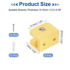 uxcell 6Pcs Glass Shelf Bracket, Adjustable Solid Brass Glass Shelf Bracket, Wall Mount Glass Shelf Holder Fixture Glass Clip for 8-10mm(0.31"-0.39"), Gold