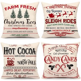 AOKE Farmhouse Christmas Pillow Covers 18x18 Set of 4 Winter Holiday Decorations Xmas Rustic Throw Cushion Case for Sofa Couch Home Decor (Sleigh Rides, Farm Fresh Tree, Cocoa, Candy Canes)