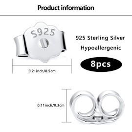 Silver Clasps for Stud Earrings, 8 Pieces 925 Sterling Silver Earring Backs, Safe Replacement for Posts, Hypoallergenic Butterfly Safety Clasps, Stud Earring Stopper