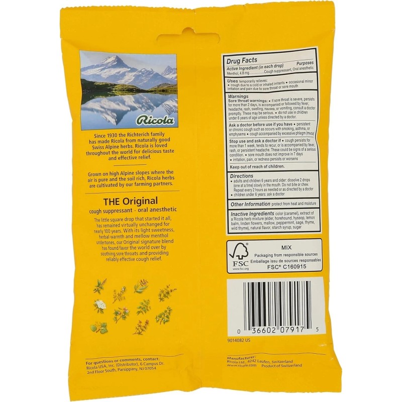 Ricola Original Swiss Herb Cough Suppressant Throat Drops, 21 Drops