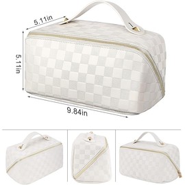 Portable Grid Travel Cosmetic Bag Makeup Bag with Handle PU Leather Makeup Pouch Large Capacity Toiletry Bag (White)