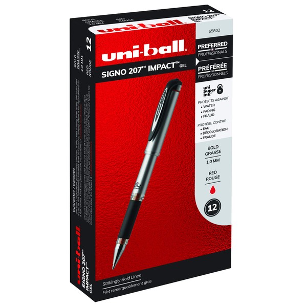 Uni-Ball 207 Impact Stick Rollerball Gel Pen, Red Ink, Bold Point, Dozen (SAN65802)