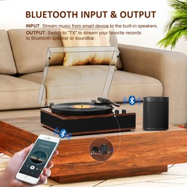 Bluetooth Input/Output Turntable with Full-Size Platter, Vintage Record Player Wireless 3 Speed with Built-in Speakers, Auto-Stop, RCA/AUX/Headphone Out, Walnut