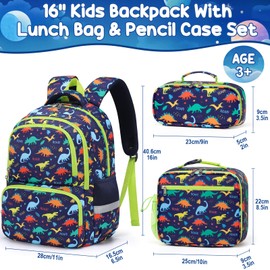 Fimibuke Backpack for Boys - 3PCS Waterproof Kids Backpack for School Toddler School Bag Cute Bookbag Set with Lunch Box & Pencil Case for Preschool Kindergarten Elementary Student Ages 3-12, Dinosaur