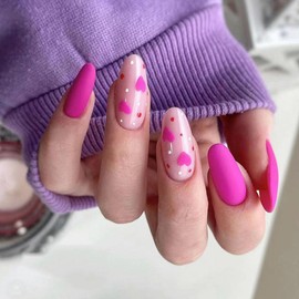 Valentine's Day Press-On Nails - Medium Almond Acrylic Nails, Matte Glue Ons - Rose Pink Full Cover Stick Ons With Heart Designs - 24Pcs