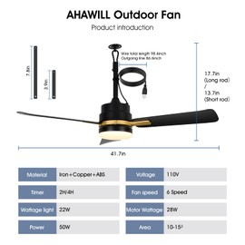 AHAWILL 42" Outdoor Ceiling Fans with Lights and Remote,Hanging Gazebo Fan,Plug in Ceiling Fan for Patios,3 CCT Dimmable,Portable Fan with Hook for Porch,Pergola,Black and Gold