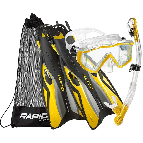 Phantom Aquatics Rapido Boutique Collection Clareza Three Window Tempered Glass Lens Mask Fin Snorkel Set with Snorkeling Gear Carry Bag (Yellow, ML/XL, 9-11 / EU: 41-45)