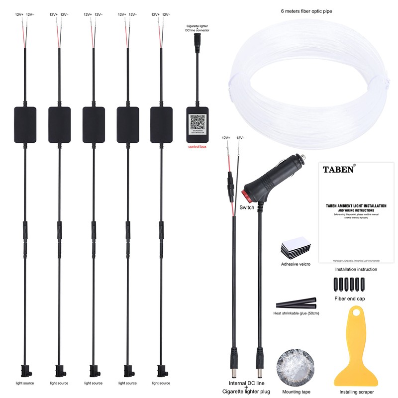 TABEN Car Ambient Light Kit, 6 Metre Integrated Fibre Optic