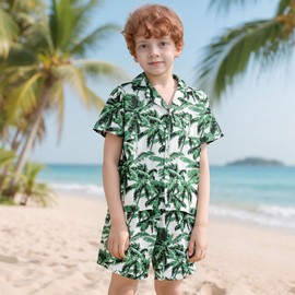 Momkonzz Boys Clothes Set Kids Hawaii Shorts Button Down T shirts Coco Print for Summer Beach Vacations 7-12T (Green, 7-8T)