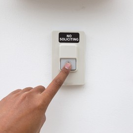 Ultra-Compact No Soliciting Sign Stickers 1.5" x 0.75" Inch Self-Adhesive Removable Weatherproof Vinyl Decals for Home Office 30 Pack, Black