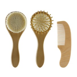 WOONEKY Scalp Grooming Comb 3pcs Baby Brush Set Wooden Handle Woolen Brush for Cradle Cap