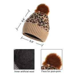 YoungSoul 3 Pieces Winter Knitted Set Leopard Print Warm Bobble Hat Scarf and Gloves Women Girls Khaki