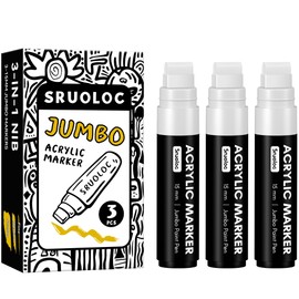 SRUOLOC 3 Jumbo Permanent Markers White, 15mm Thick Wide Tip, Large Acrylic Paint Markers for Rock Painting, Poster, Graffiti, Stone, Ceramic, Glass, Wood, Canvas