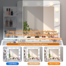 Garveehome Vanity Desk with Mirror and Lights, Makeup Vanity with Power Outlet & Cushioned Stool, 3 Lighting Modes Adjustable Brightness, Dressing Table with Hairdryer Holder for Bedroom, Marble White