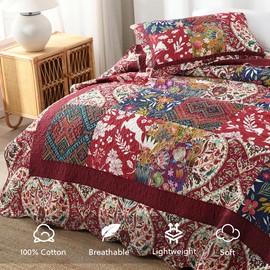 camandy Cotton Bedspread Quilt Bedding Sets 3 Pieces Reversible Coverlet Sets Comforters Gorgeous Paisley Floral Patchwork Red Bedspread, King Size