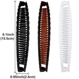 Mxxipp 3pcs French Banana Clips, Non-Slip Classic Large Hairstyle Claws, Fish Shaped Double Combs Hair Holder for Women Curly Straight Long Thick Thin Hair- Coffee & Black & Clear