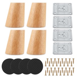 FWEEK Pack of 4 Wooden Furniture Feet, Table Legs, Wood 6 cm, Wooden Feet for Furniture, Oak Robust Furniture Legs, Furniture Feet, Sofa Feet with Mounting Plates and Screws for Cabinet, Chairs, Sofa