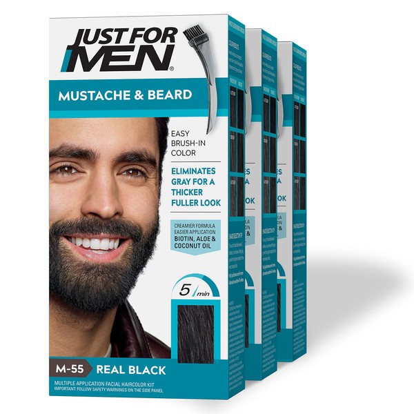 Just For Men Mustache & Beard, Beard Dye for Men with Brush Included for Easy Application, With Biotin Aloe and Coconut Oil for Healthy Facial Hair - Real Black, M-55, Pack of 3