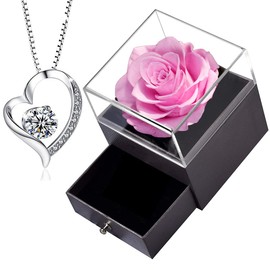 Sweetime Eternal Rose with Chain, Preserved Rose Jewellery, Real Pink Rose for Mum Gift, 925 Sterling Silver Women's Necklace, Women's Gift Box for Valentine's Day, Mother's Day, Wedding Anniversary.