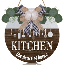 TOARTi Kitchen Wooden Hanging Signs Kitchen The Heart of Home Rustic Wood Sign Round Wood Hanging Decor with Ribbon Bow and Artificial Green Leaves Farmhouse Style Wall Art