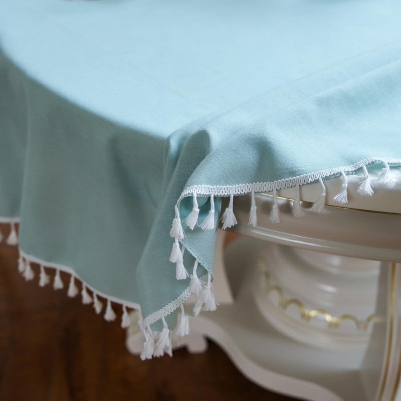 GOEXCPL Round Cotton and Linen Tablecloth with Fringes, Blue-Green Diameter