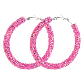 Bohemian Glitter Hoop Earrings Sparkle Resin Rhinestone Hoop Dangle Earrings for Women Round Circle Sequins Shiny Statement Earrings (Pink 2)