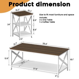 Bigbiglife Living Room Coffee Table Set of 3, Industrial X-Design Coffee Table and 2 End Side Tables, 3 Piece Living Room Table Set with Large Storage for Apartment Home (White+Walnut Brown)