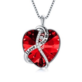AOBOCO Gifts for Mum Necklaces Mother Birthday Jewellery Gifts Sterling Silver I Love You Mum Heart Necklace (Red)