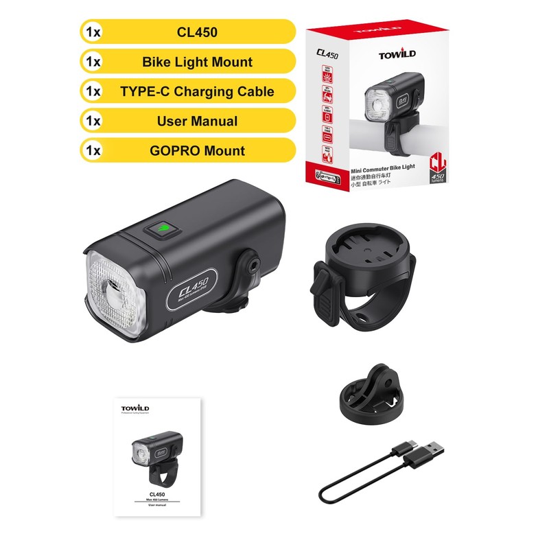 TOWILD CL450 Bike Light,Only 95g Compact Size Front Bike Light